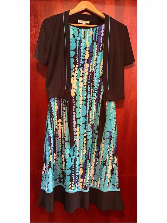 Studio I Dresses & Skirts - Studio I Black Dress with Teal, Aqua & Purple Dot Pattern and Black Bolero